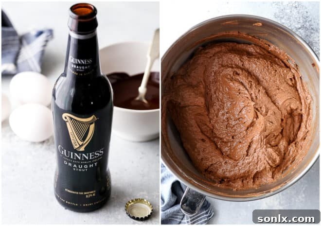A baker pouring a bottle of Guinness beer into a measuring cup, preparing to incorporate it into the chocolate cake batter.