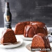 The finished Chocolate Stout Bundt Cake, glistening with ganache and ready to serve.