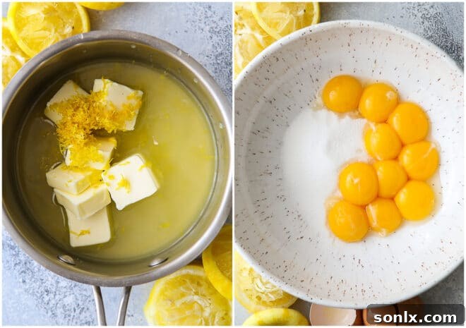 Combining butter and lemon, egg yolks and sugar in separate bowls, preparing for the tempering process.