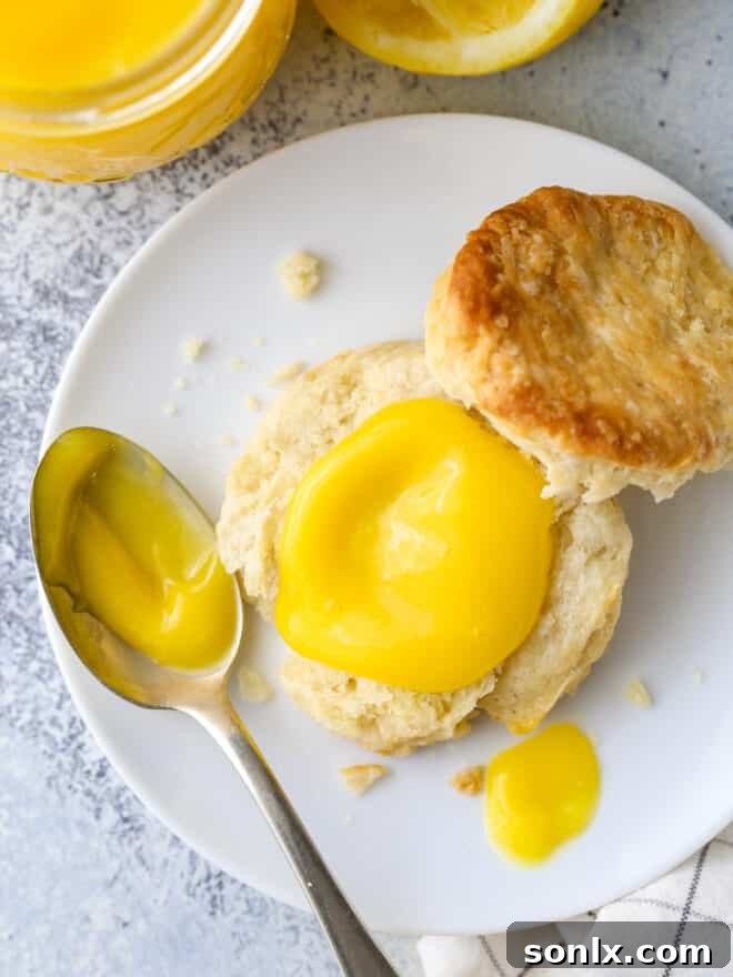 A generous dollop of homemade lemon curd spread on a fluffy biscuit, garnished with lemon zest.