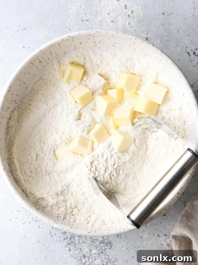 cubed butter in a bowl with dry ingredients and pastry blender