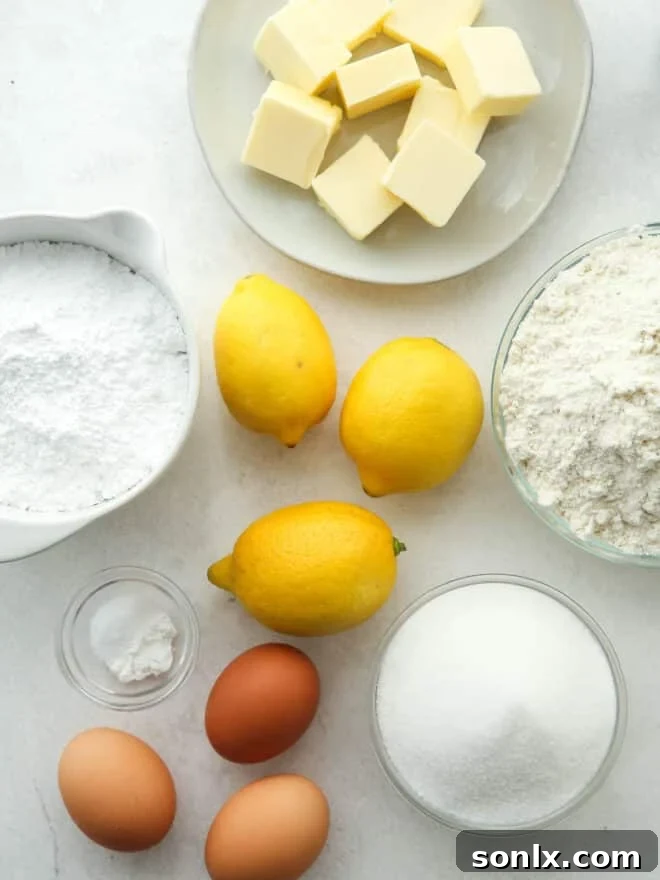 Ingredients laid out for lemon sugar cookie bars recipe