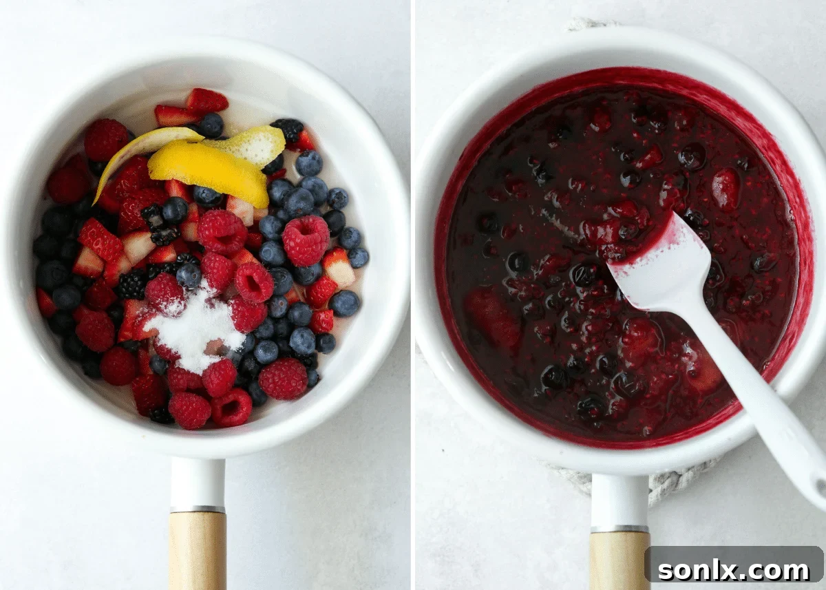 Close-up of fresh mixed berry compote simmering in a saucepan