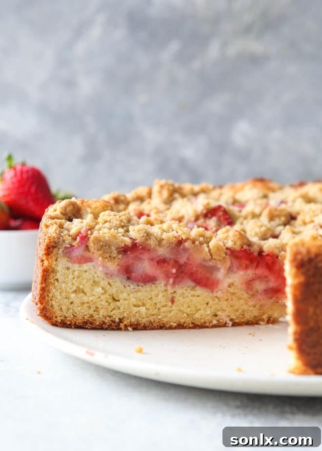 Lush Strawberry Rhubarb Coffee Cake with Golden Streusel Topping