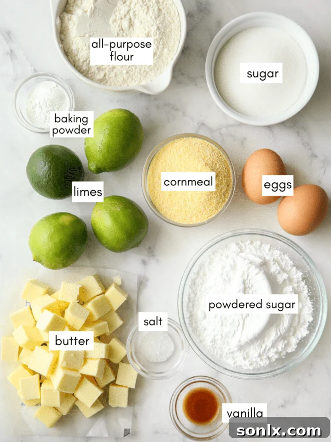 collection of ingredients for lime cornmeal cookies, including butter, sugar, limes, and flour