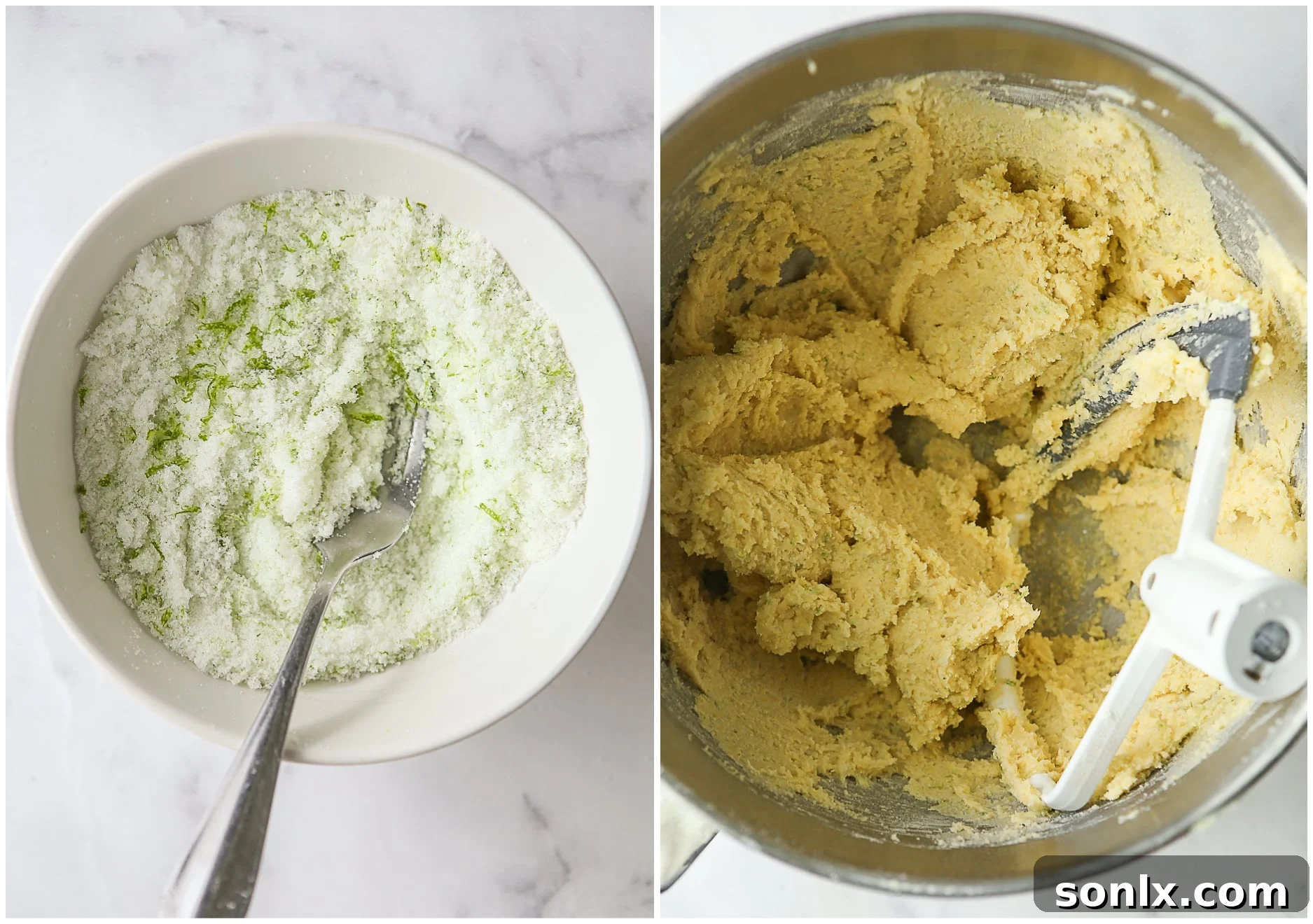 rubbing lime zest into sugar, then mixing cookie dough in a stand mixer