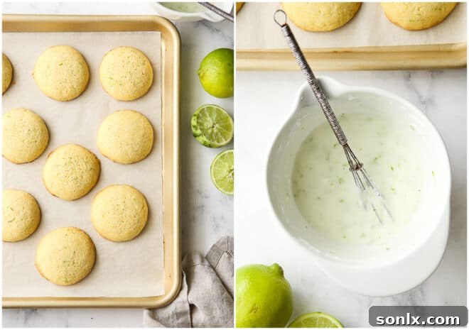baked lime cornmeal cookies on a cooling rack with a bowl of lime icing next to them