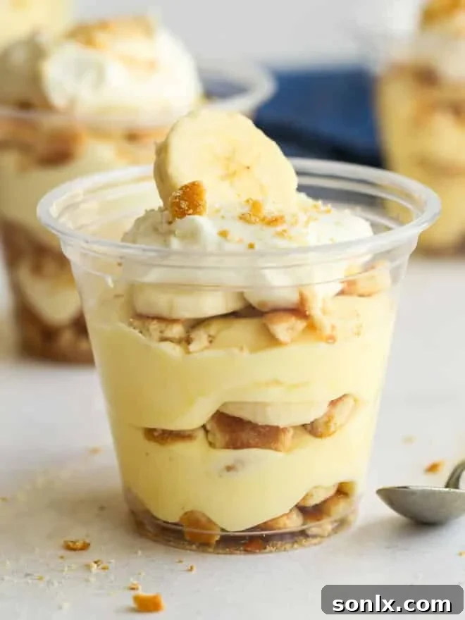 individual cup of banana pudding with spoon on side